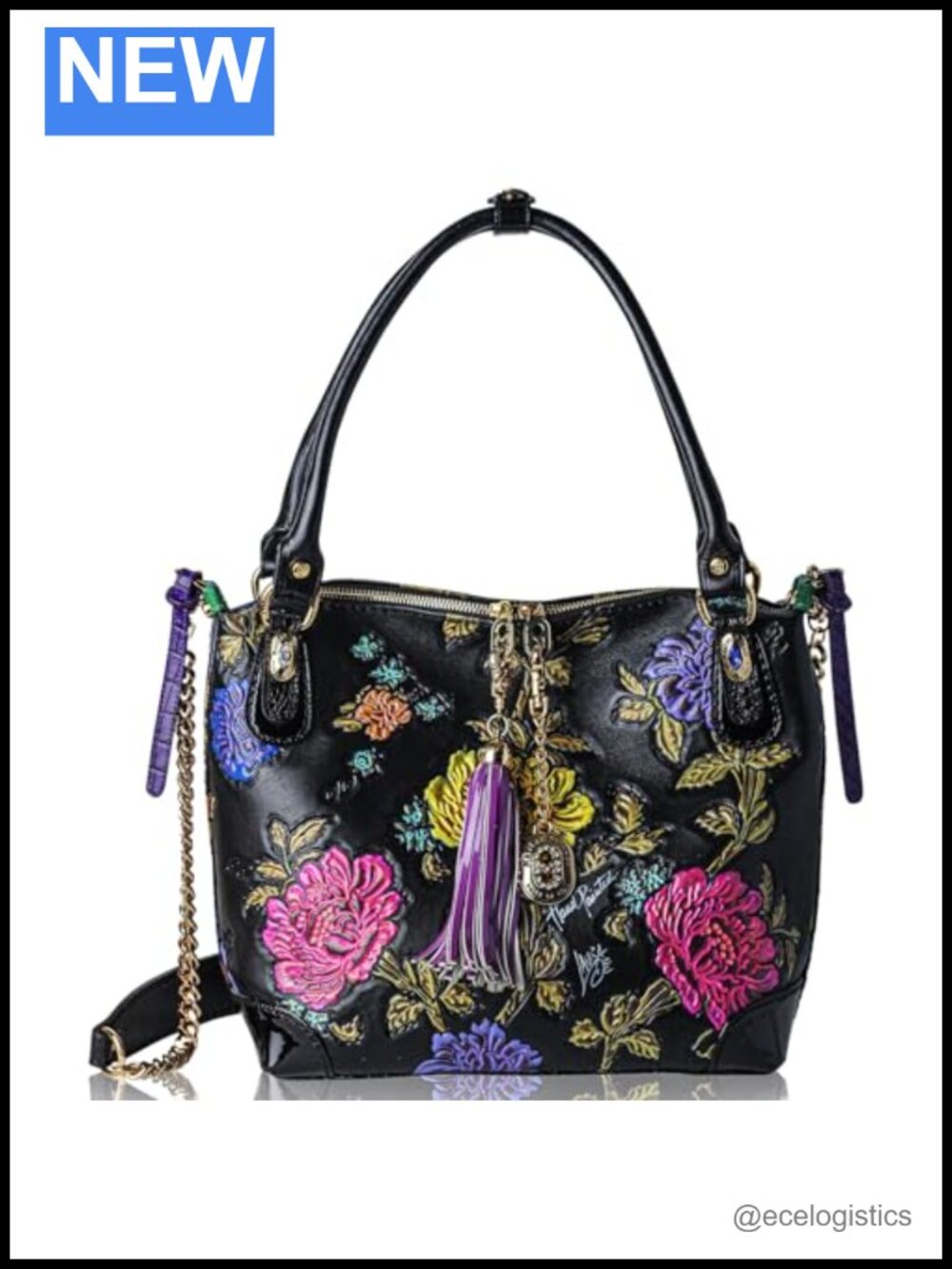 Slouchy Hobo Tote Satchel Handbag in Leather with Handpainted Peonies,
